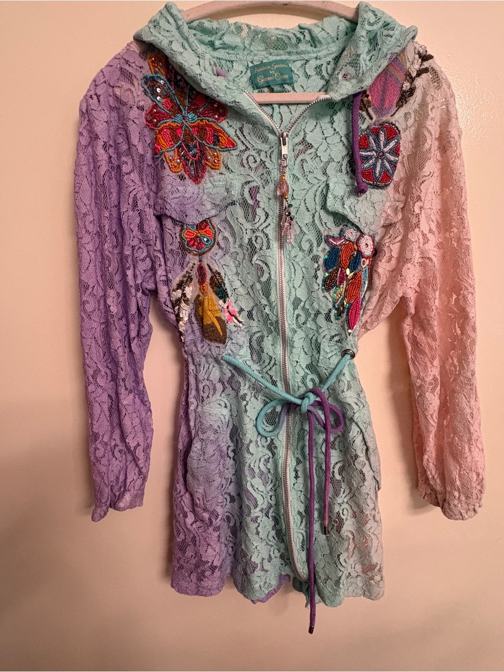 Multi-Color Lace Zip with Hoodie with Embroidered Floral Accents